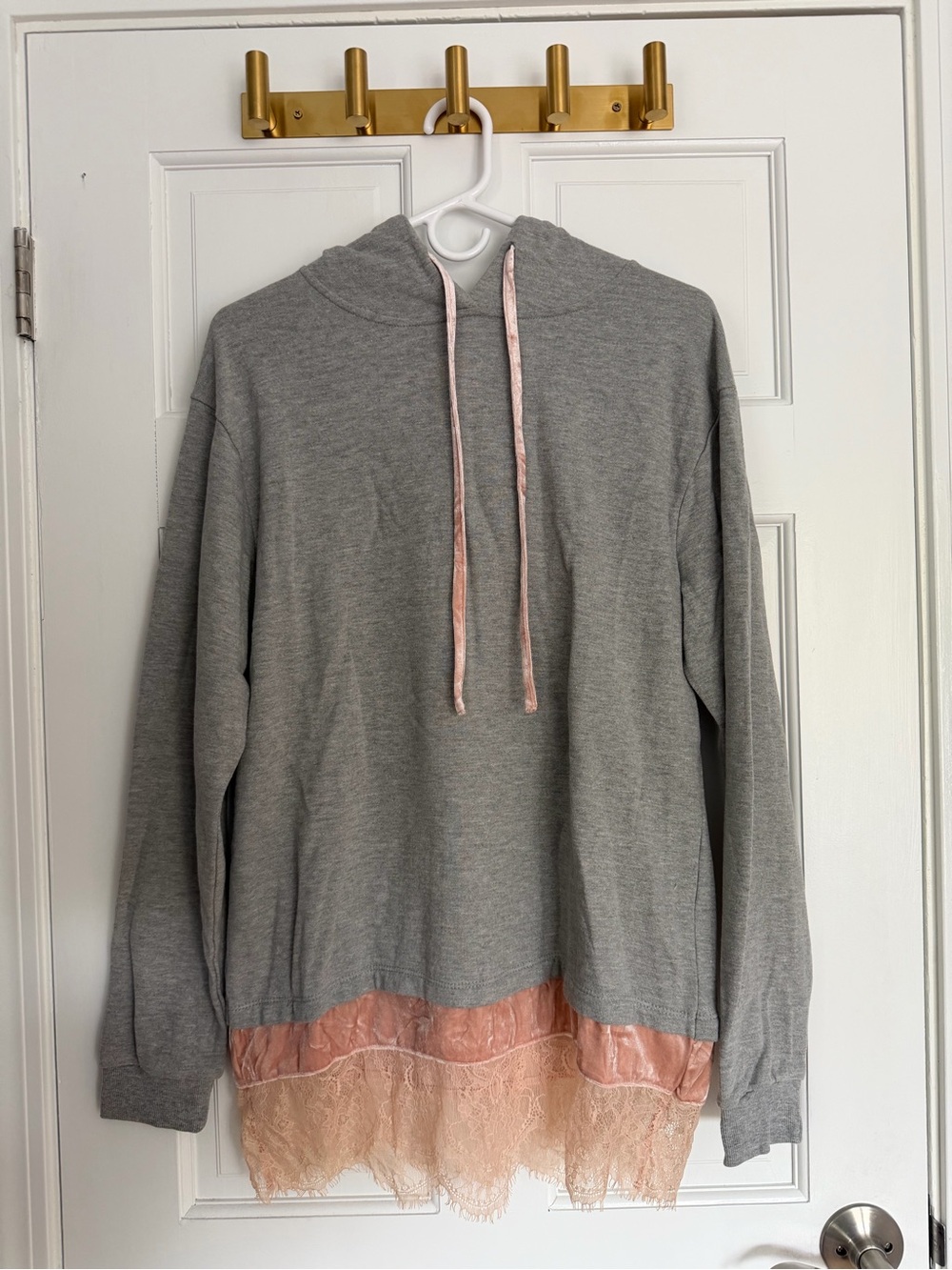 Oversized Gray Hoodie with Pink Lace and velvet detailing